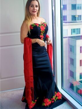 Strapless Black Satin Evening Gown with Red Floral Embroidery